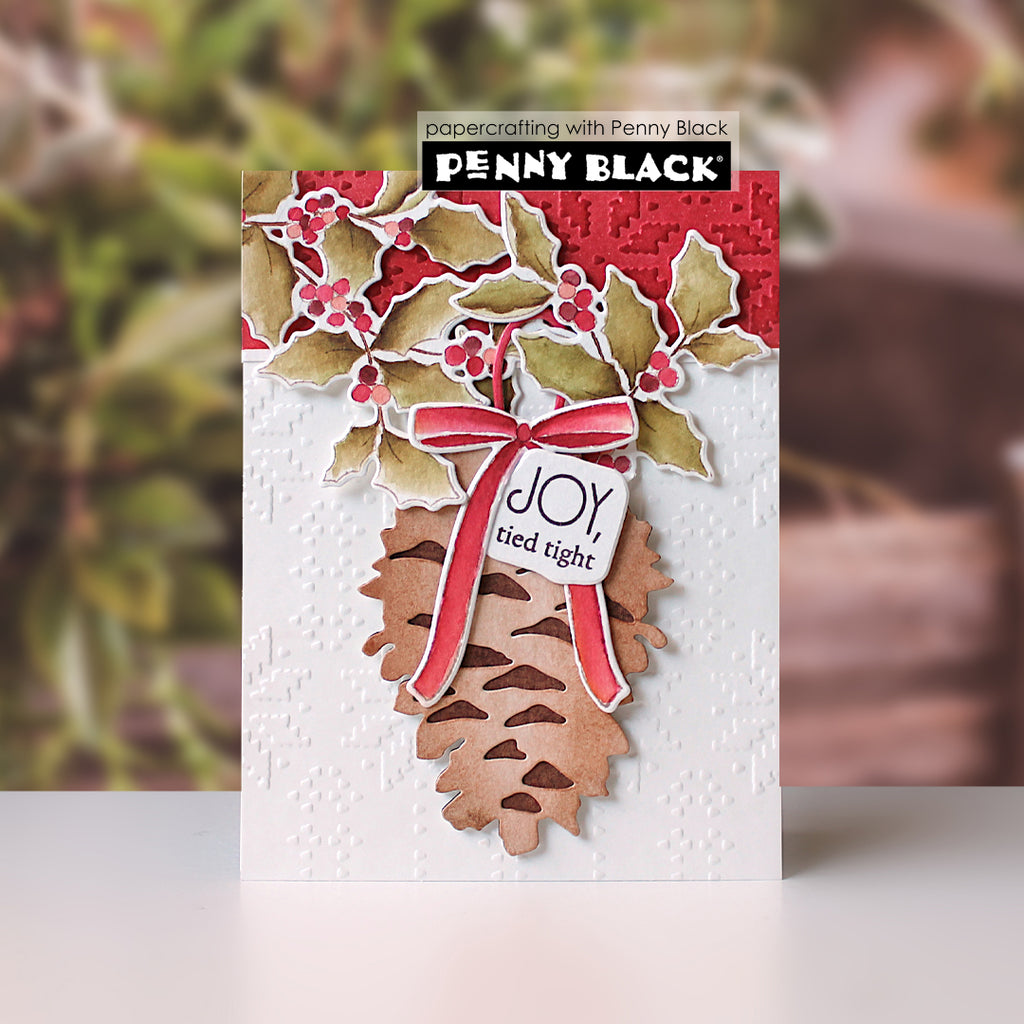 Penny Black Pinecone Pendant Dies 52-038 red bow joy card