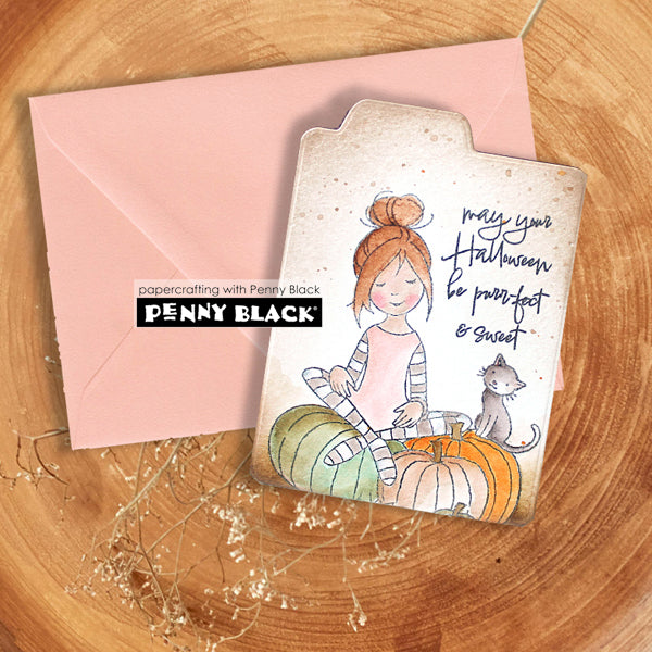 Penny Black Sweet Halloween Clear Stamps 31-262 sitting on pumpkins card