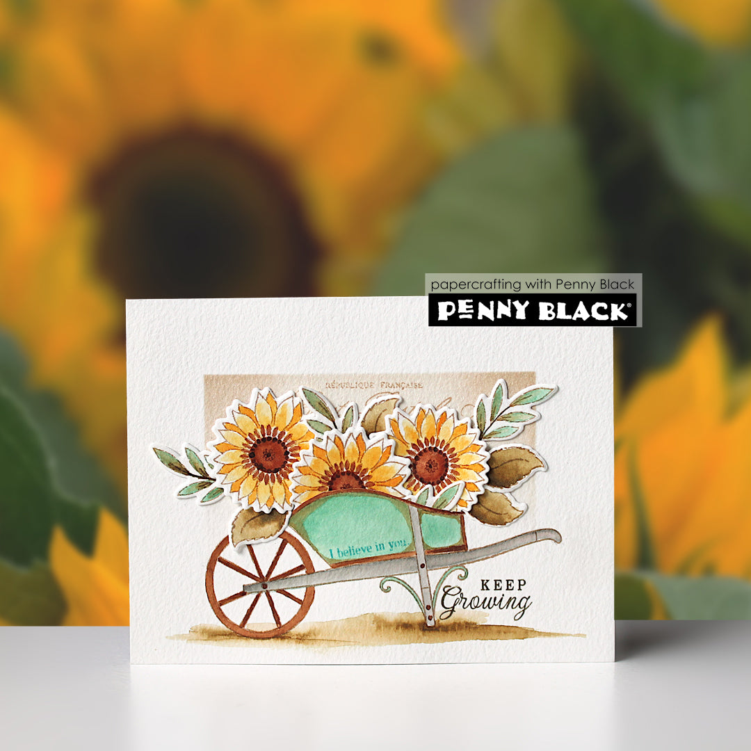 Penny Black Wheelbarrow Clear Stamp and Die Set sunflowers