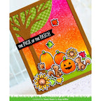 Autumn-themed card with pumpkins, leaves, and a tree design.