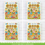 Four identical cards with autumn-themed illustrations on a wooden surface.