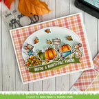 Autumn-themed card with pumpkins and mice on a checkered background