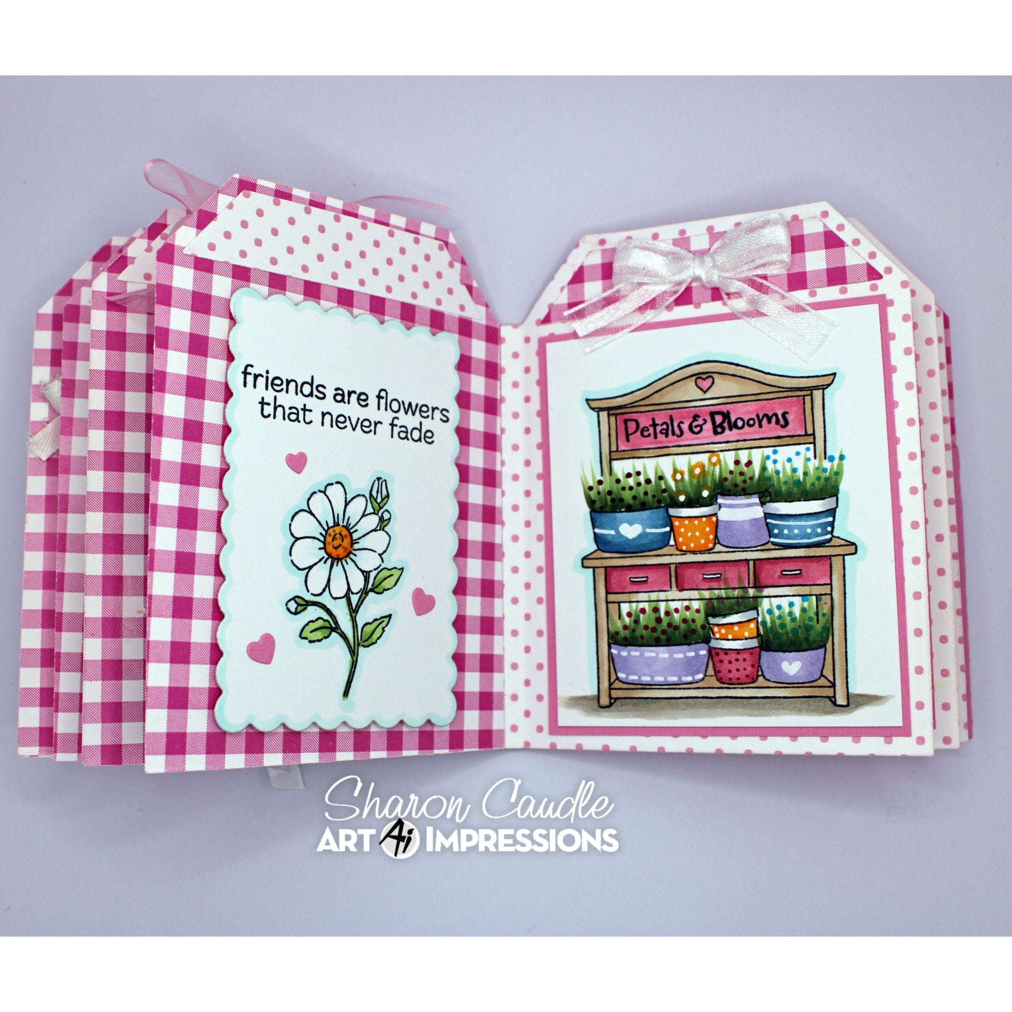Pink Gingham Garden Book featuring Petals and Blooms Clear Stamp Set