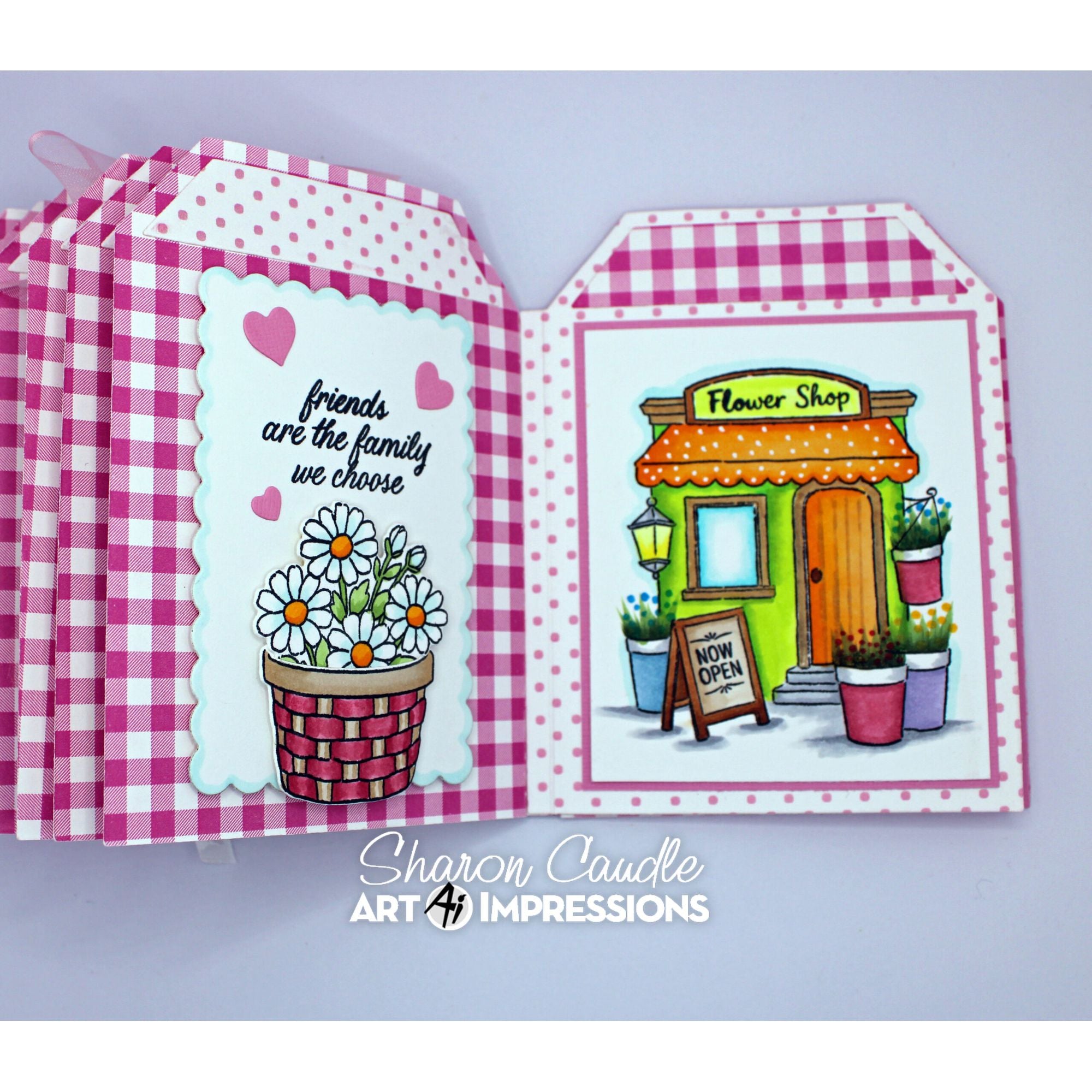 Pink Gingham Garden Book with Sentiment 'Friends are the family we choose' with flower shop