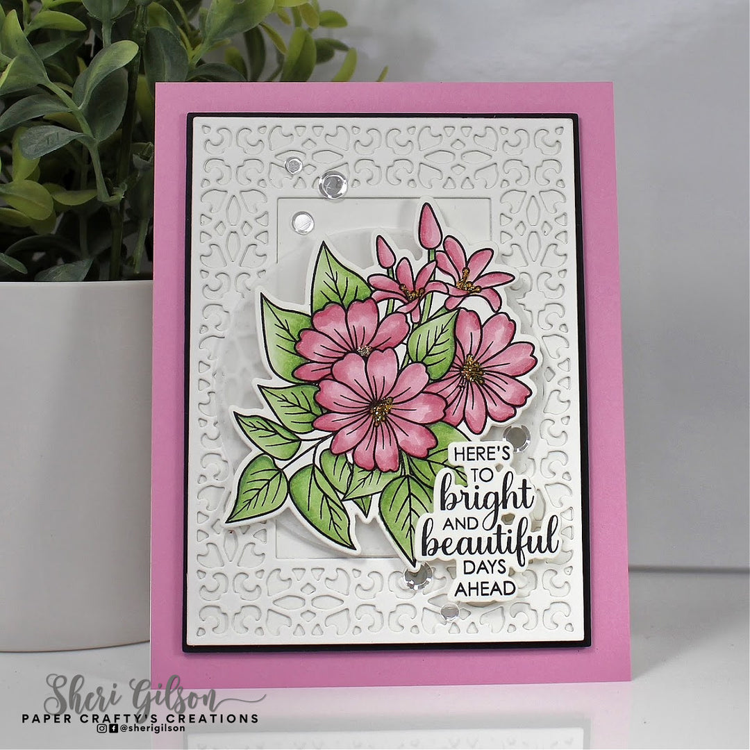 Pink Greeting Card with Flowers and sentiment 'Here's to Bright and Beautiful Days Ahead'