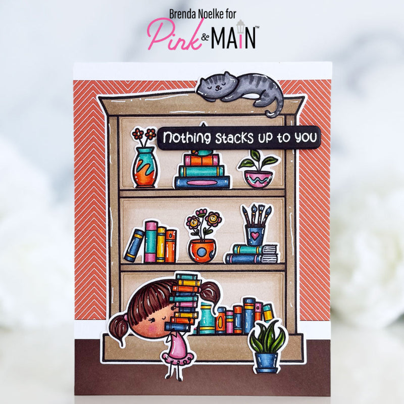 Pink and Main April Cat Clear Stamps pm0865 cute bookshelf