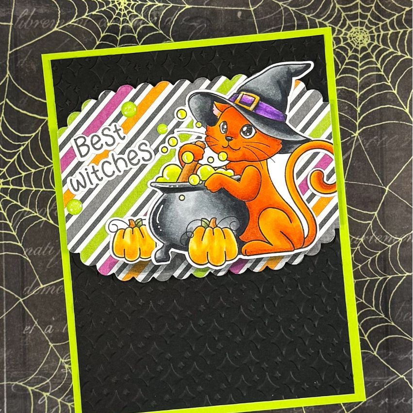 Pink and Main August Cat Clear Stamp and Die Set striped background card