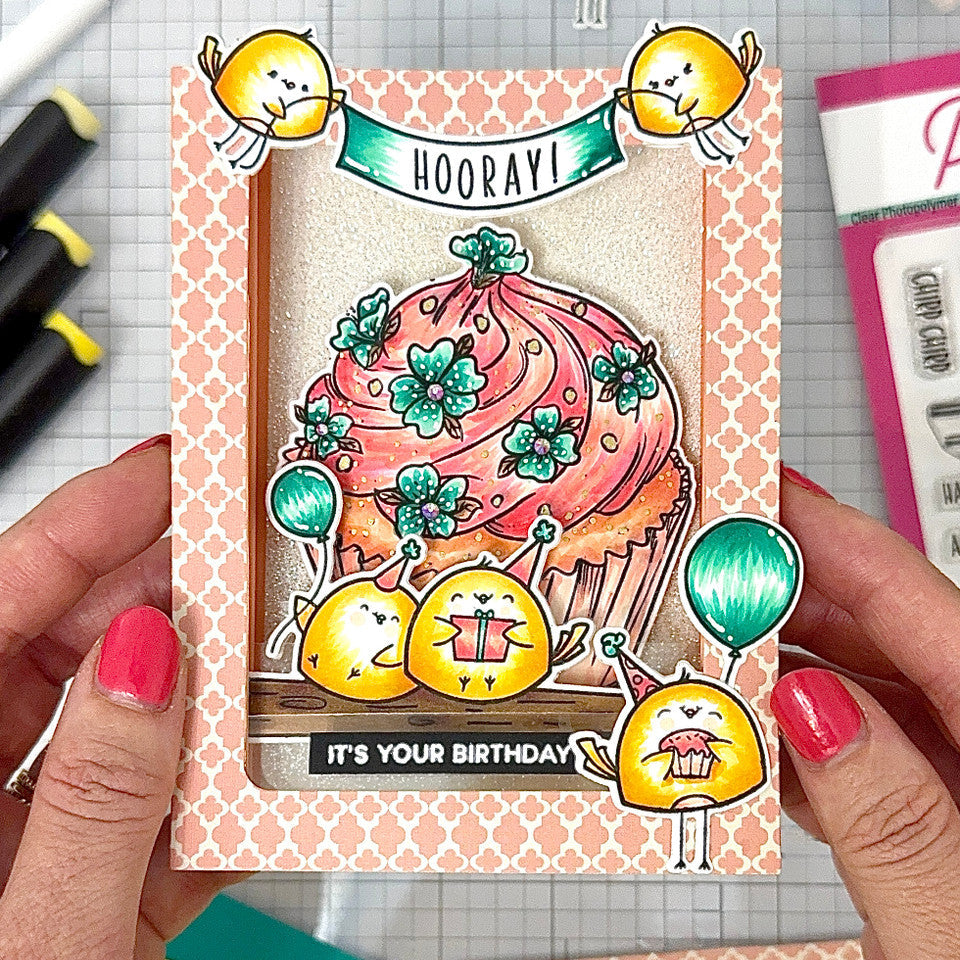 Pink and Main Birthday Birdies Clear Stamp and Die Set cupcake