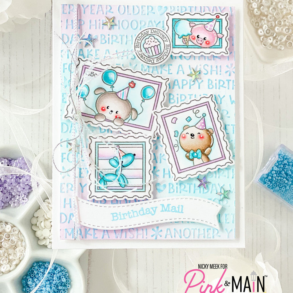 Pink and Main Birthday Postage Clear Stamps pm0862 balloon animals