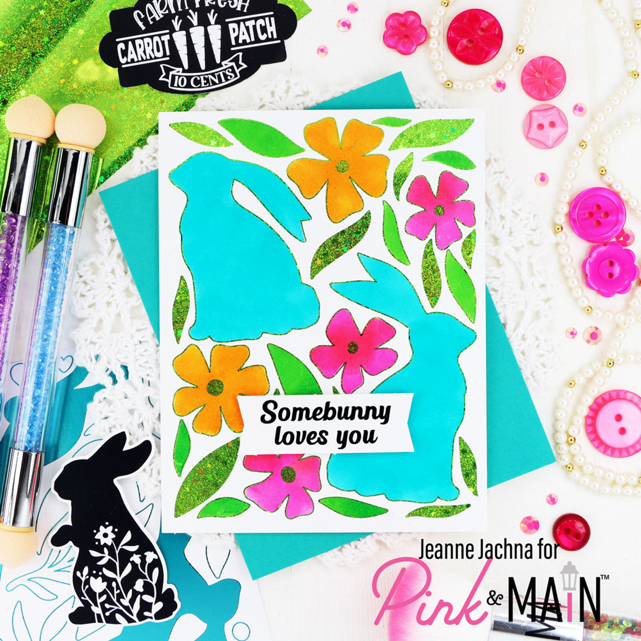 Pink and Main Bunny Hop Set 1 Foilables Sheets and Stencil Set bunnies