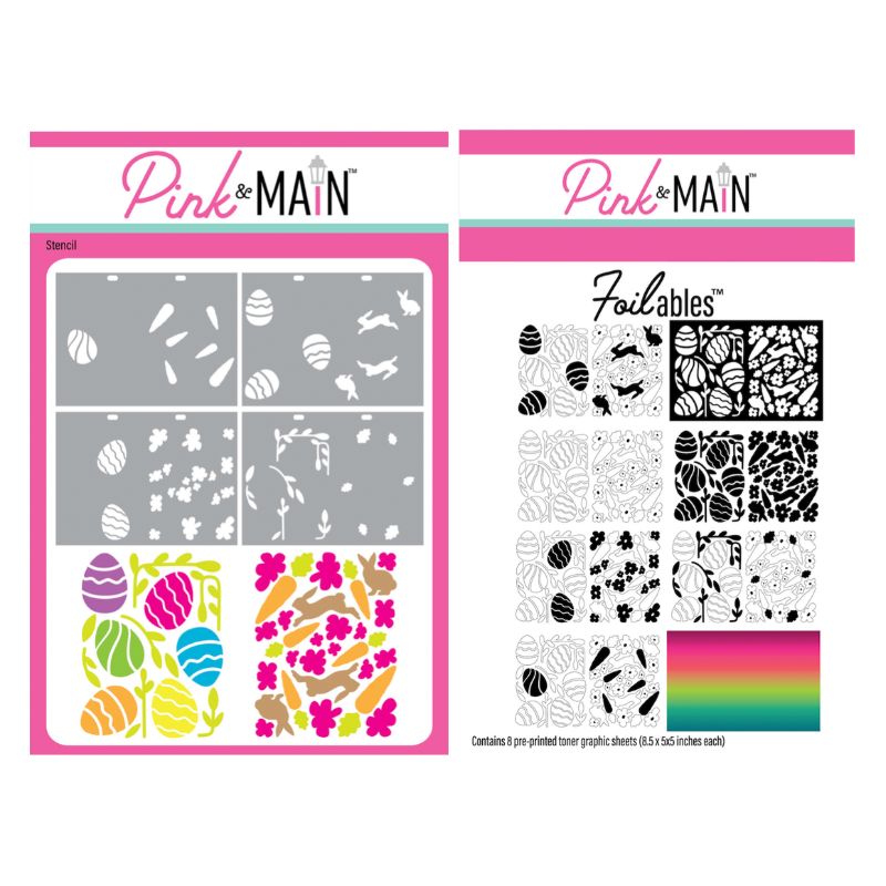 Pink and Main Bunny Hop Set 2 Foilables Sheets and Coordinating Stencils Set