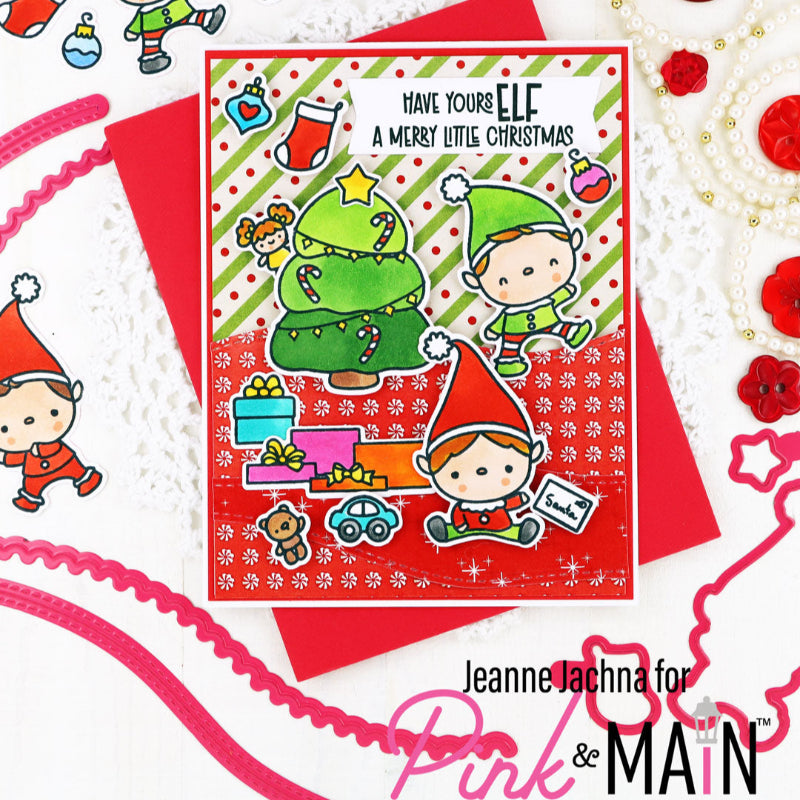 Pink and Main Christmas Elves Clear Stamp and Die Set presents