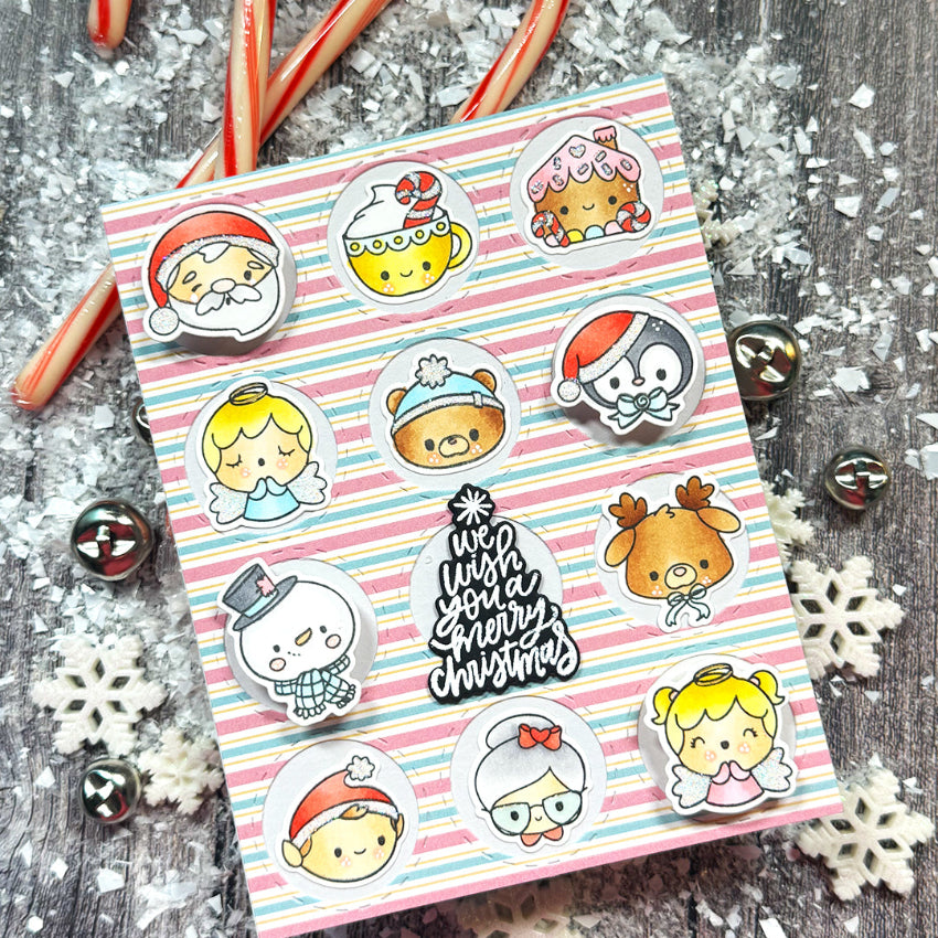 Pink and Main Christmas Littles Clear Stamp and Die Set striped background card