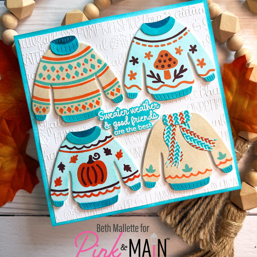 Pink and Main Comfy and Cozy Clear Stamp and Die Set cute sweaters card