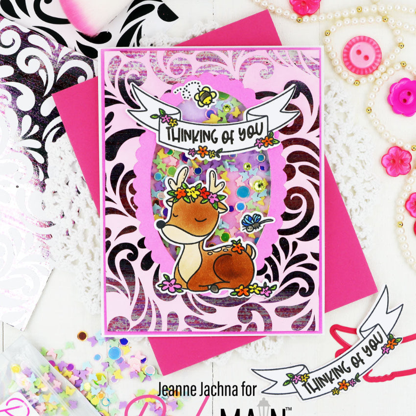 Pink and Main Critters With Flowers Clear Stamp and Die Set shaker card