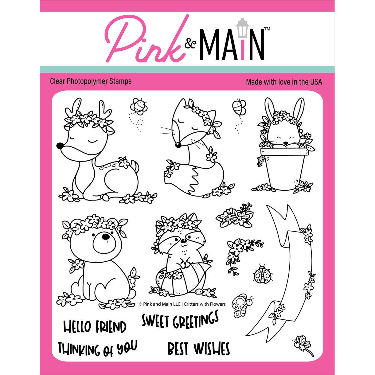 Pink and Main Critters With Flowers Clear Stamps pm0779