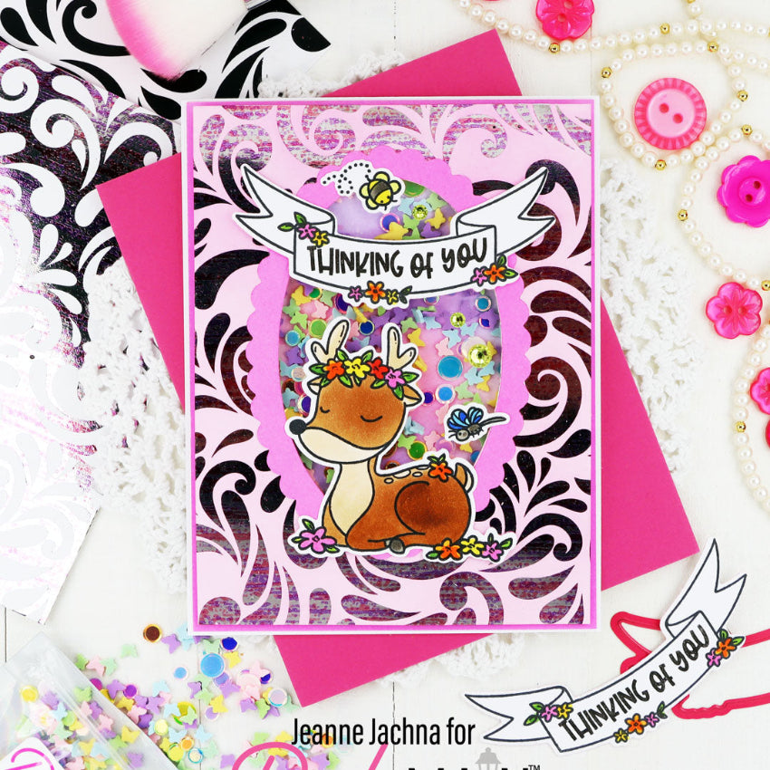 Pink and Main Critters With Flowers Clear Stamps pm0779 shaker card