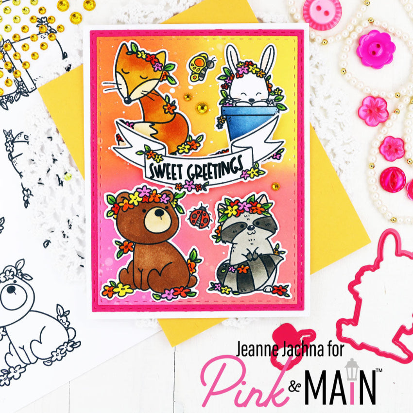 Pink and Main Critters With Flowers Dies pnm745 greetings