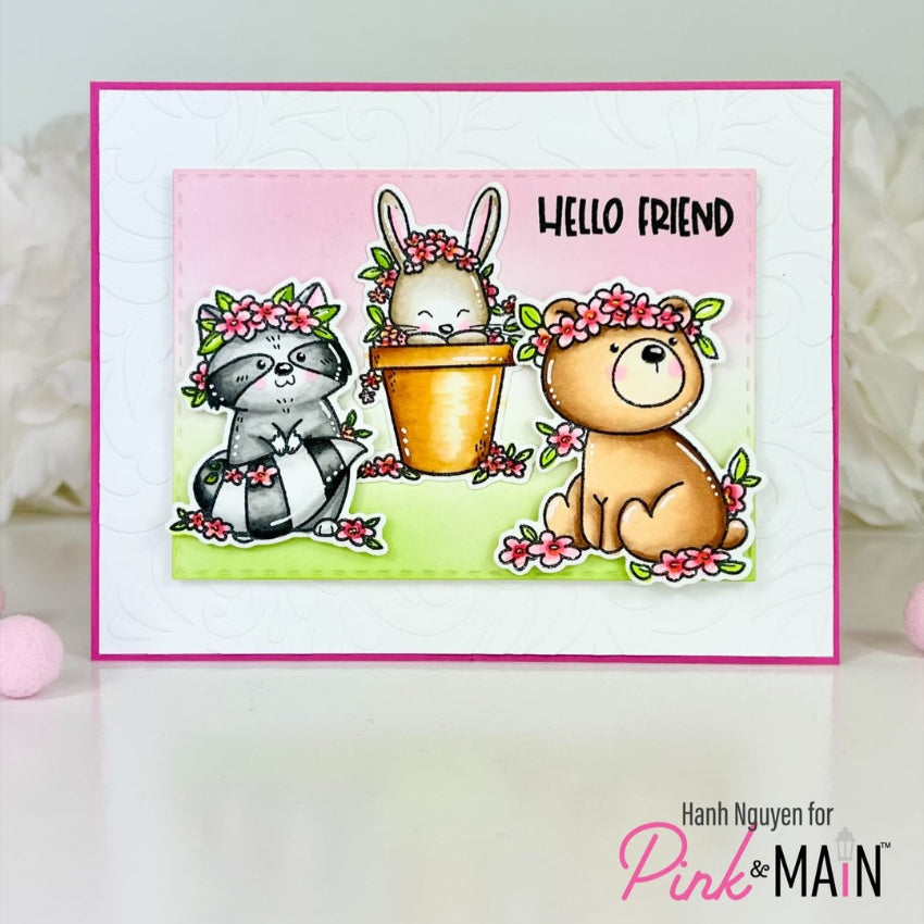 Pink and Main Critters With Flowers Dies pnm745 hello friend