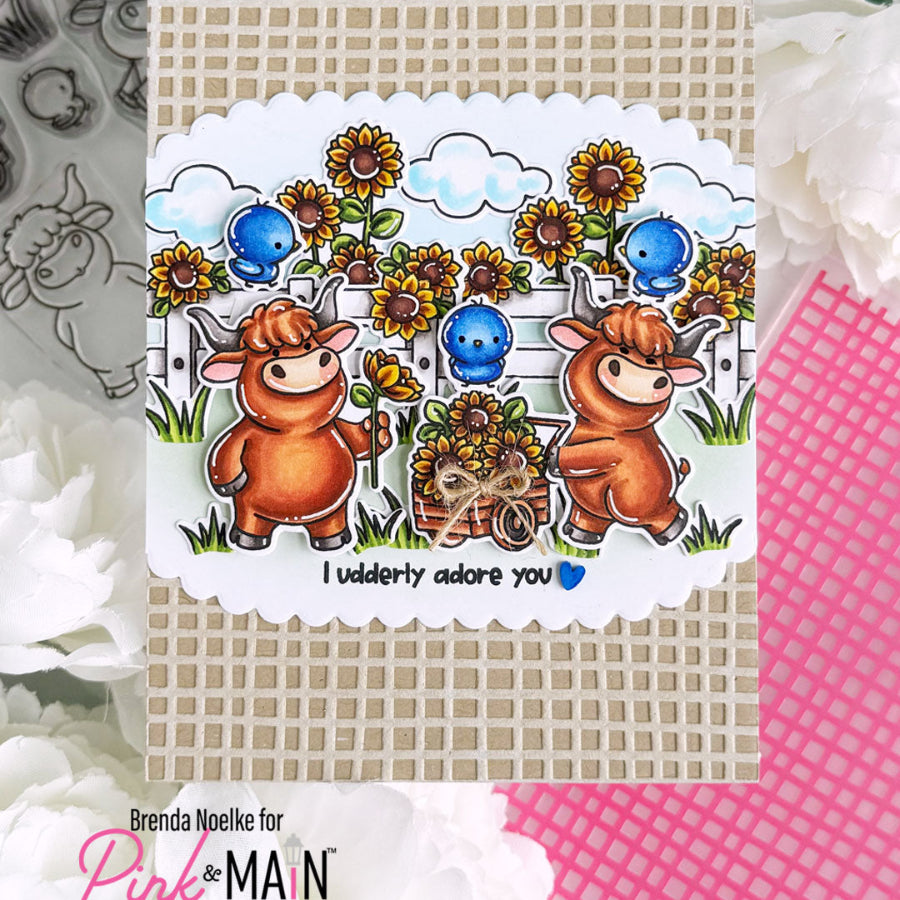 Pink and Main Doodled Plaid 6x6 Embossing Folder pmt115 blue birds sunflowers card