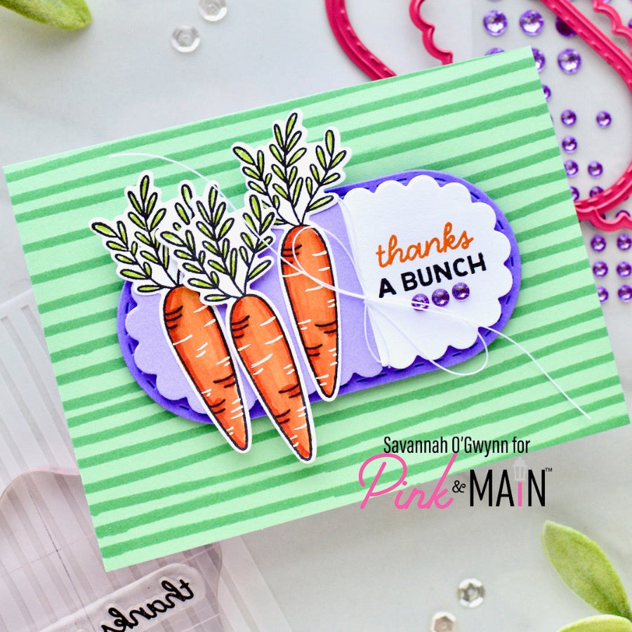 Pink and Main Doodled Stripes Stencil pms145 thanks a bunch carrots card