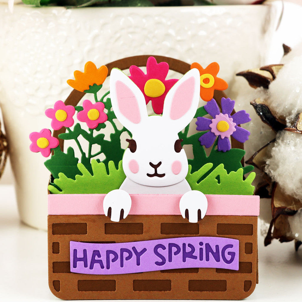 Pink and Main Easter Basket Pop Up and Bunny In The Basket Add On Die Set bunny and flowers