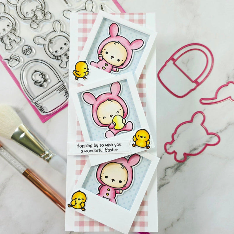 Pink and Main Egg-stra Sweet Clear Stamp and Die Set plaid background