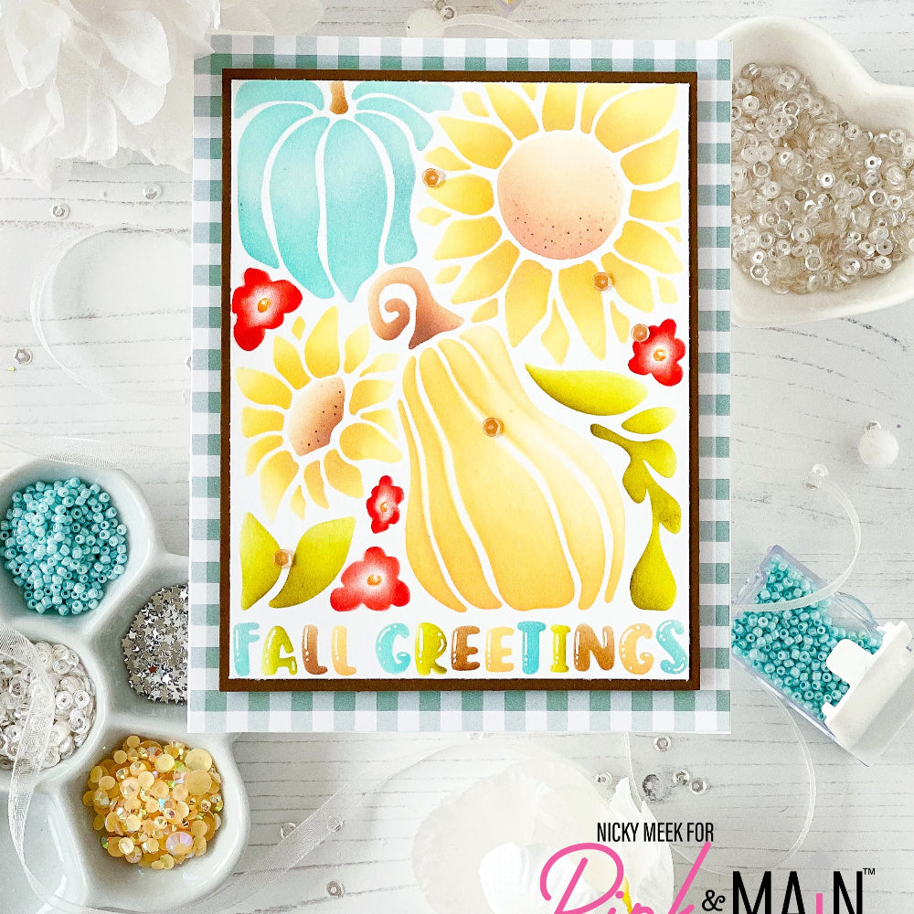 Pink and Main Fall Greetings Stencils pms137 flowers