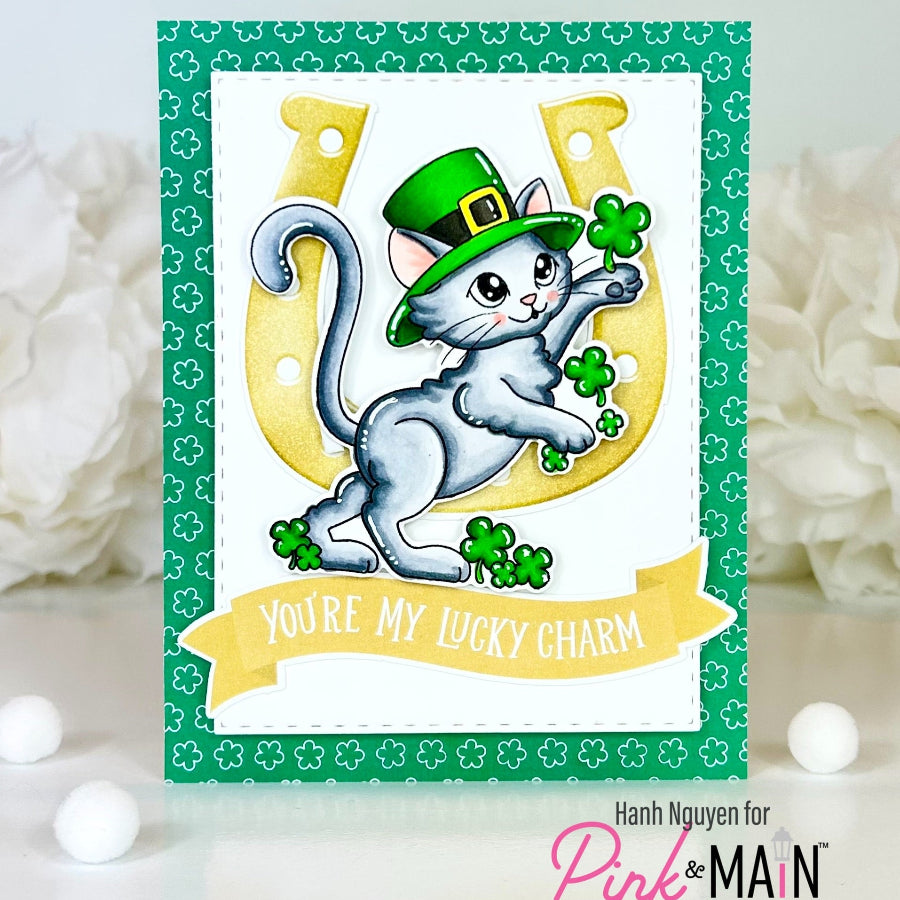 Pink and Main February Cat Clear Stamp and Die Set green top hat