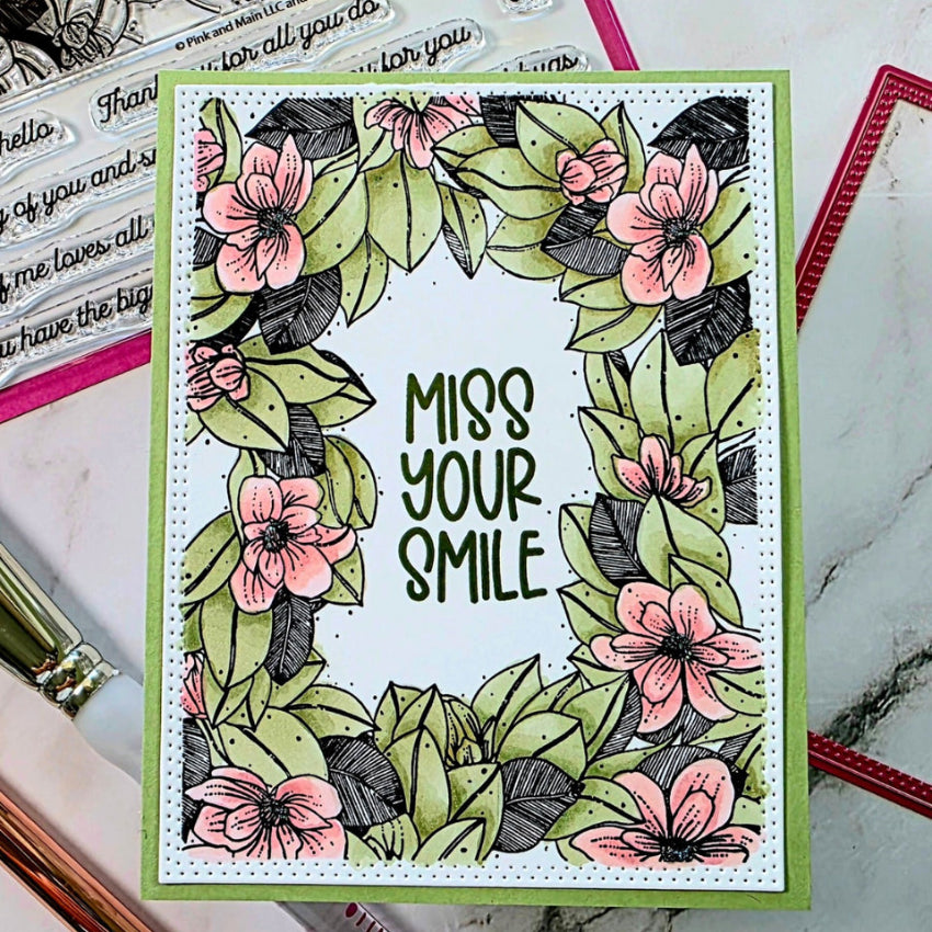 Pink and Main Floral Frame Clear Stamps pm0849 miss your smile