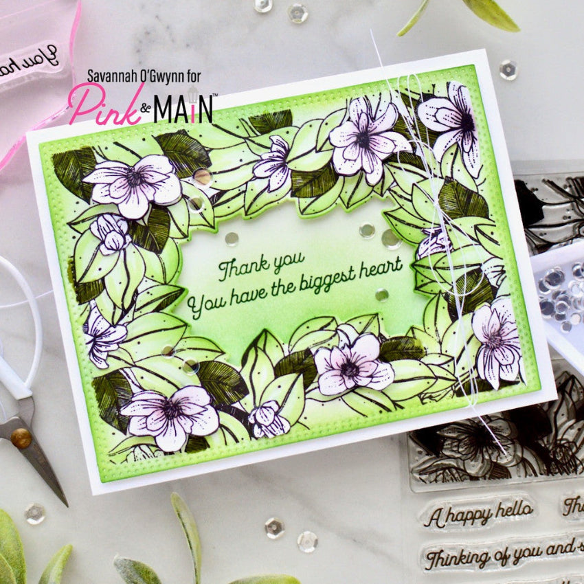 Pink and Main Floral Frame Dies pnm829 thank you