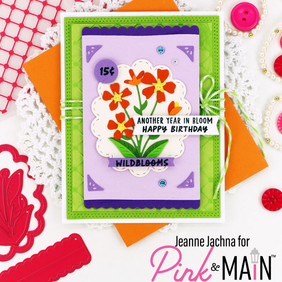 Pink and Main Flower Seed Packet Sentiments Clear Stamps pm0893 green background happy birthday card