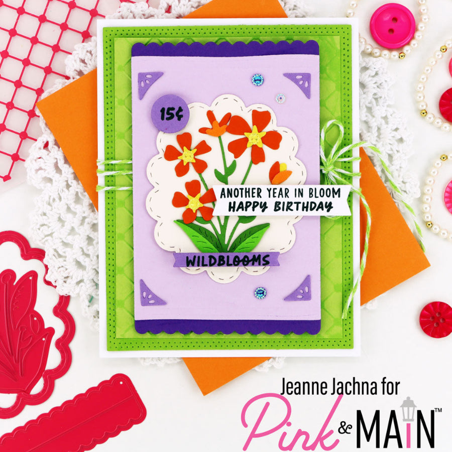 Pink and Main Flower Seed Packet Sentiments Stamp and Flower Seed Packet Die Set happy birthday green background card