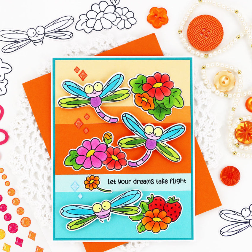 Pink and Main Fluttering By Clear Stamp and Die Set colorful flowers