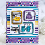 Pink and Main Fun Winter Frames Clear Stamp and Die Set mittens boots hat warm wishes card
