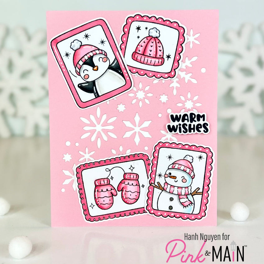 Pink and Main Fun Winter Frames Clear Stamp and Die Set pink background warm wishes card