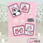 Pink and Main Fun Winter Frames Clear Stamp and Die Set pink background warm wishes card