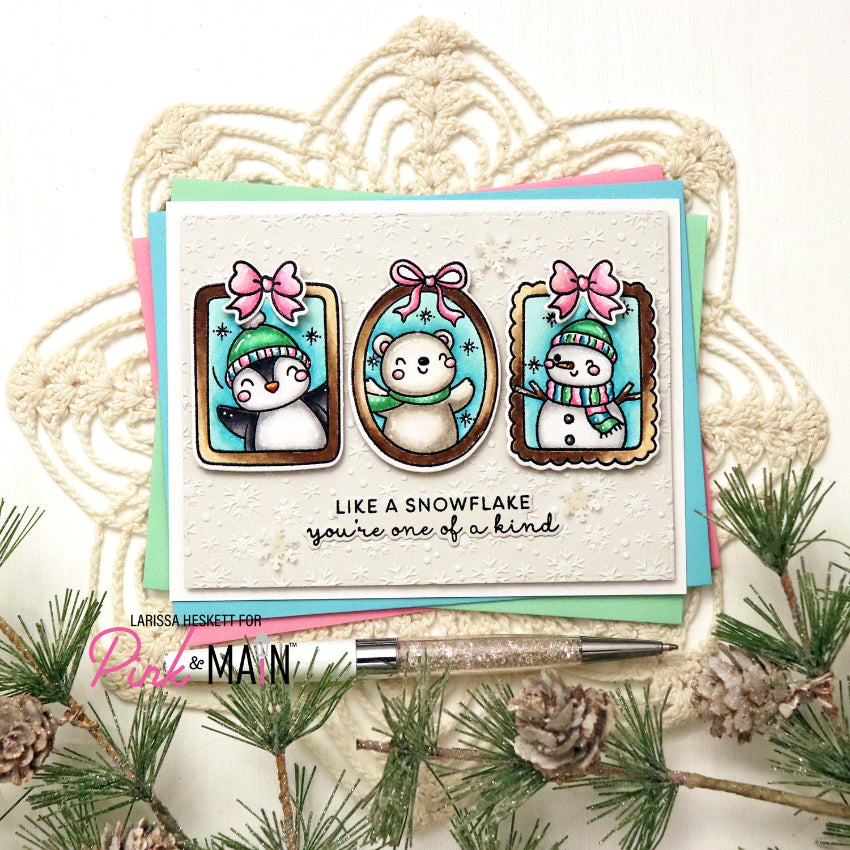 Pink and Main Fun Winter Frames Clear Stamp and Die Set pink bows one of a kind card