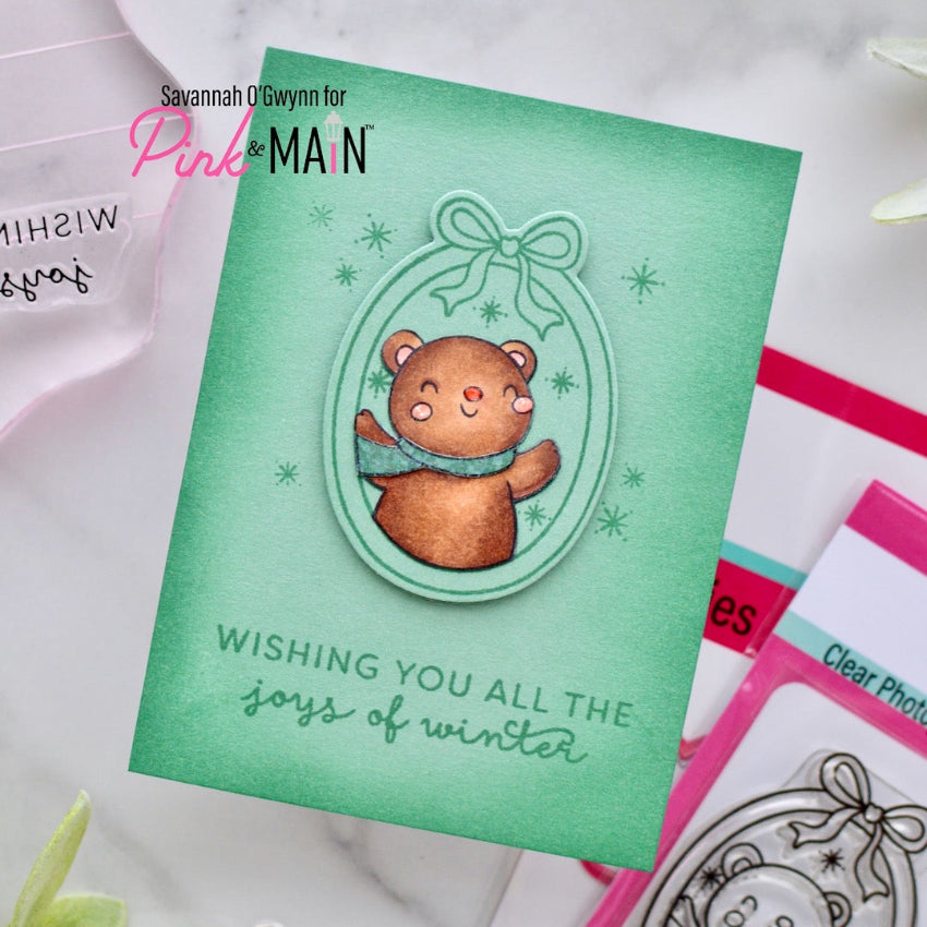Pink and Main Fun Winter Frames Clear Stamps pm0923 green background bear card