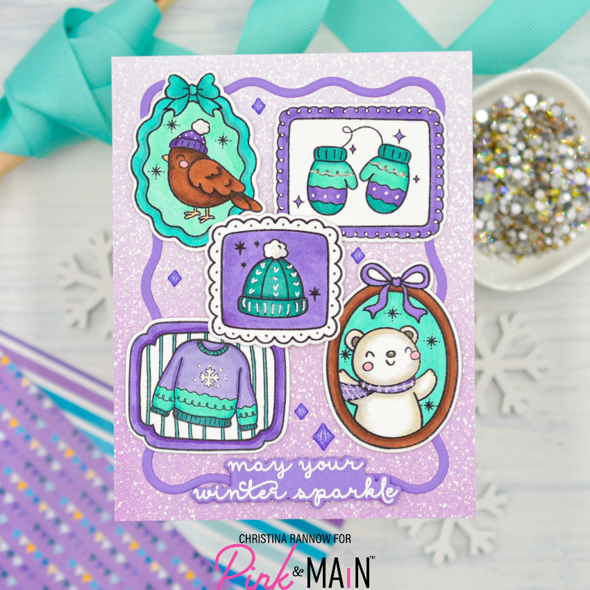 Pink and Main Fun Winter Frames Dies pnm933 purple background winter sparkle card