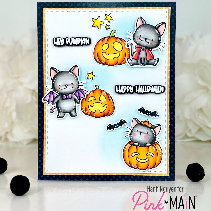 Pink and Main Halloween Kitties Clear Stamps pm0900 cat dressed as a bat card