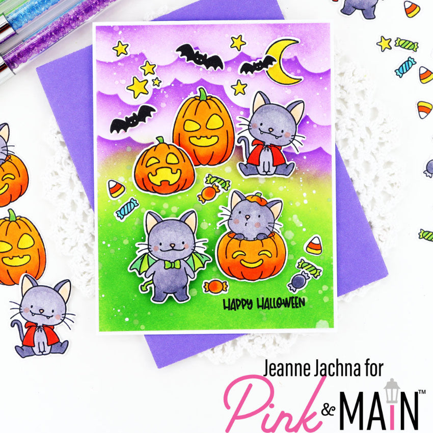 Pink and Main Halloween Kitties Dies pnm900 happy halloween card
