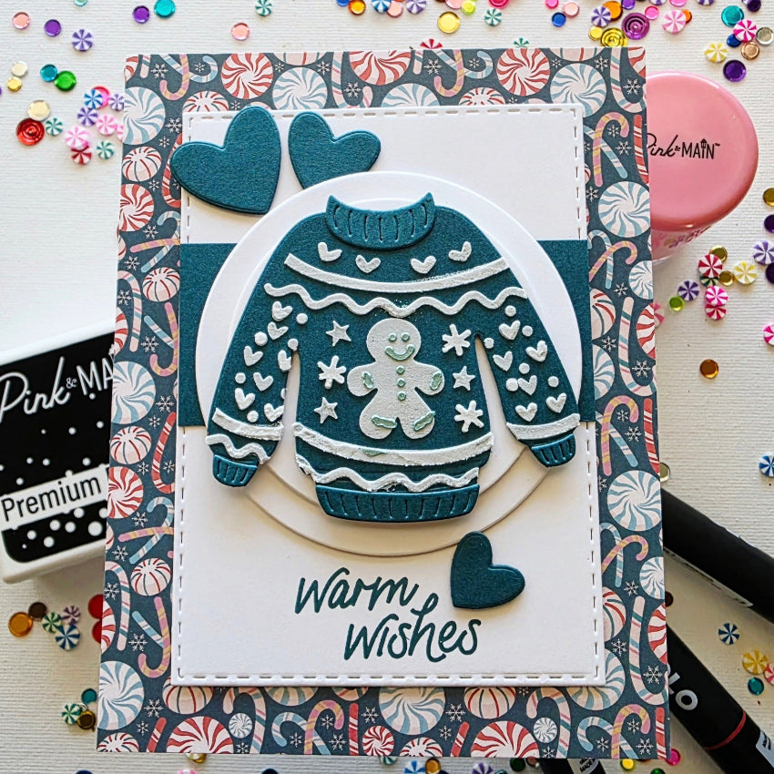 Pink and Main Holiday Sweater Layering Stencils and Sweater Dies and Stencil Set warm wishes card