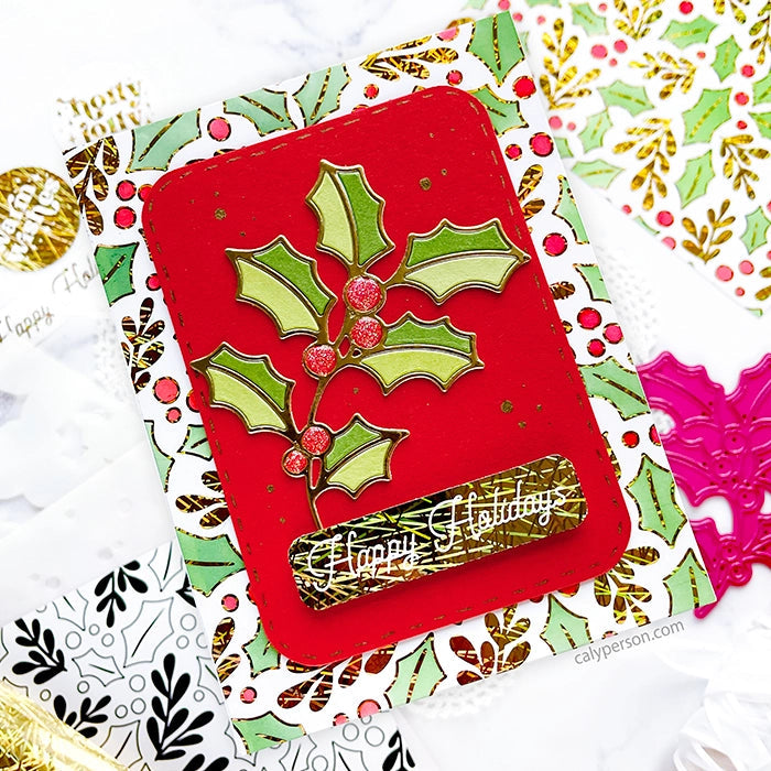 Pink and Main Holly Background Stencils pms130 happy holidays | color-code:ALT01