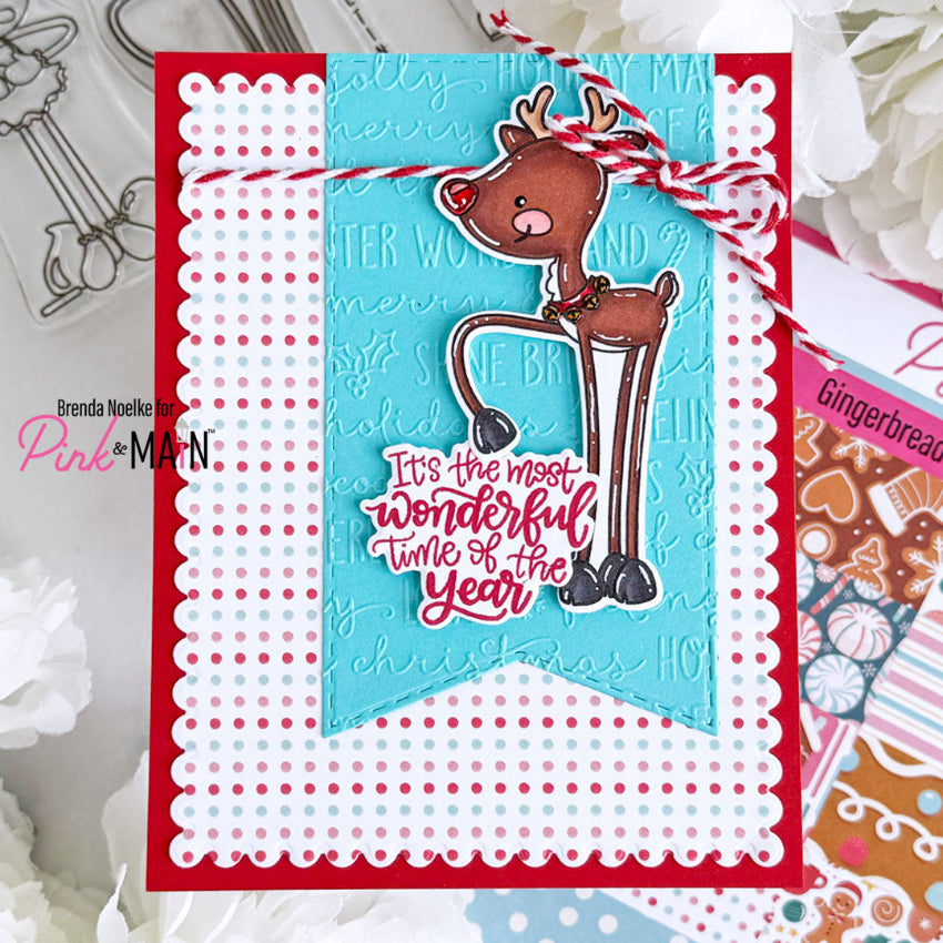 Pink and Main Holly Jolly Sentiments Clear Stamp and Die Set polka dot background card
