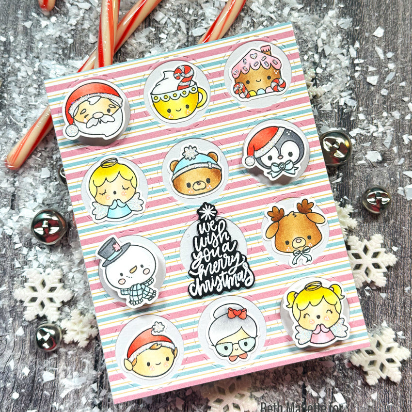 Pink and Main Holly Jolly Sentiments Clear Stamp and Die Set striped background card