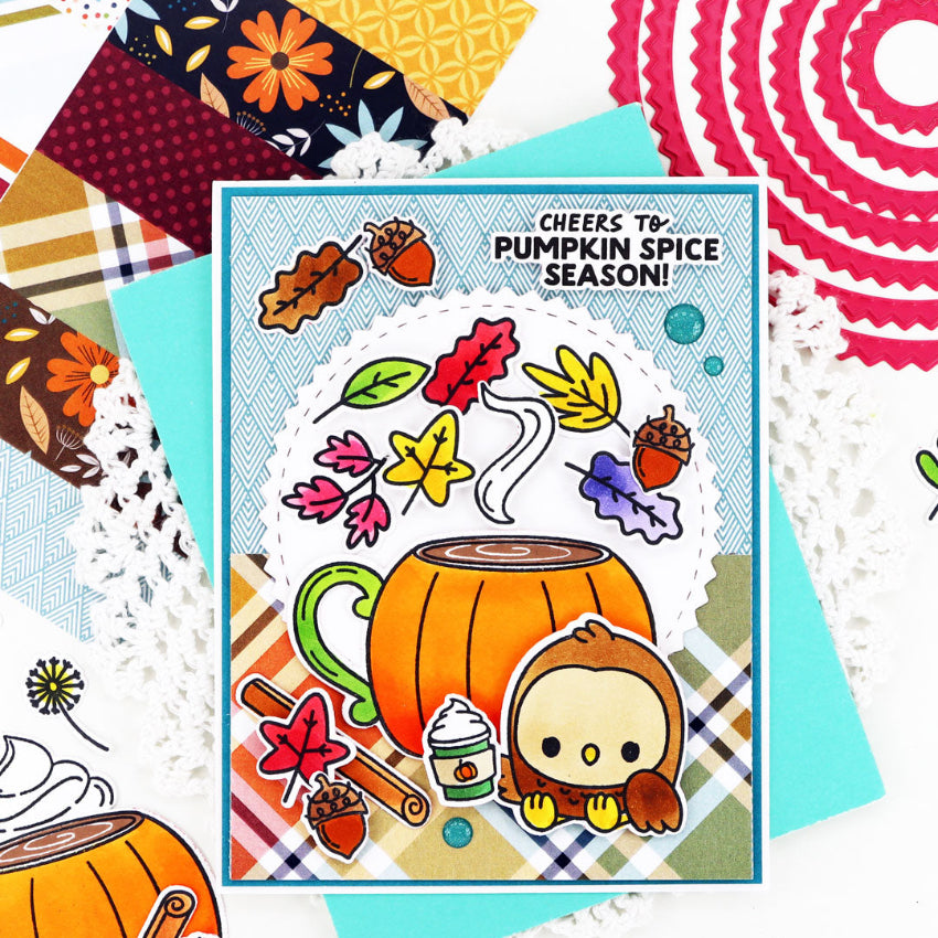 Pink and Main Hooray For Fall Clear Stamps pm0896 cheers to pumpkin spice season card