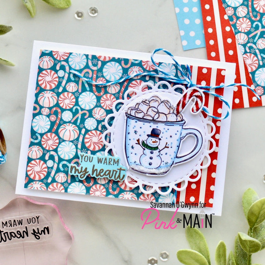 Pink and Main Hug in a Mug Clear Stamp and Die Set you warm my heart card