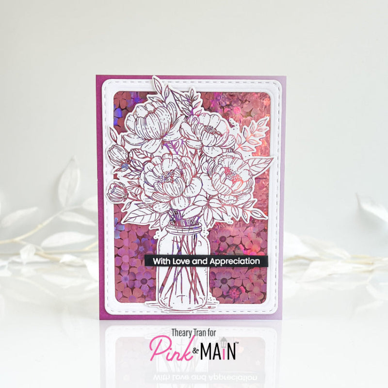 Pink and Main Jar Of Peonies Clear Stamp and Die Set with love