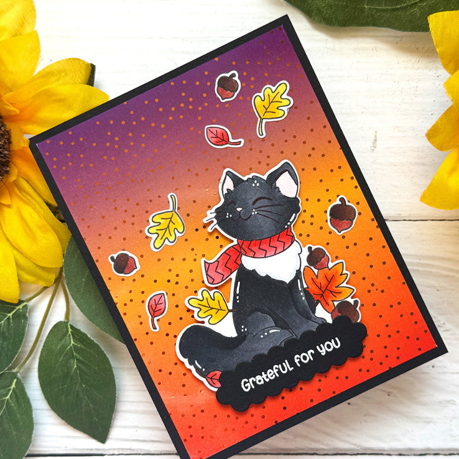 Pink and Main July Cat Clear Stamp and Die Set black cat autumn leaves card